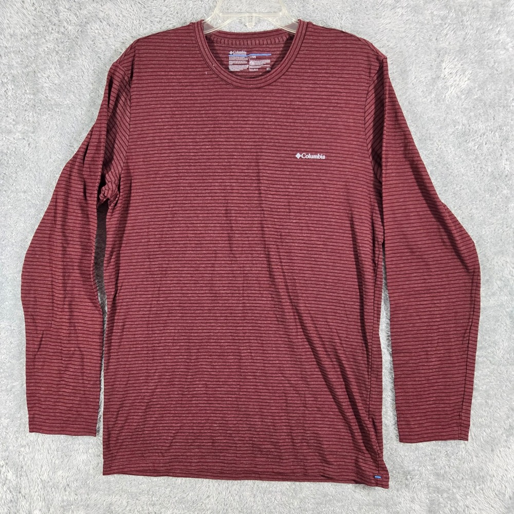 Columbia Womens Large Maroon Striped Long Sleeve Crew Neck Cotton Blend Shirt